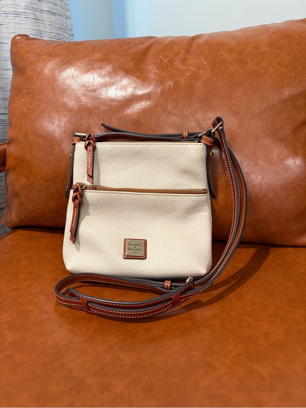Dooney & Bourke Cream Pebble Leather Crossbody with Brown Trim and Strap